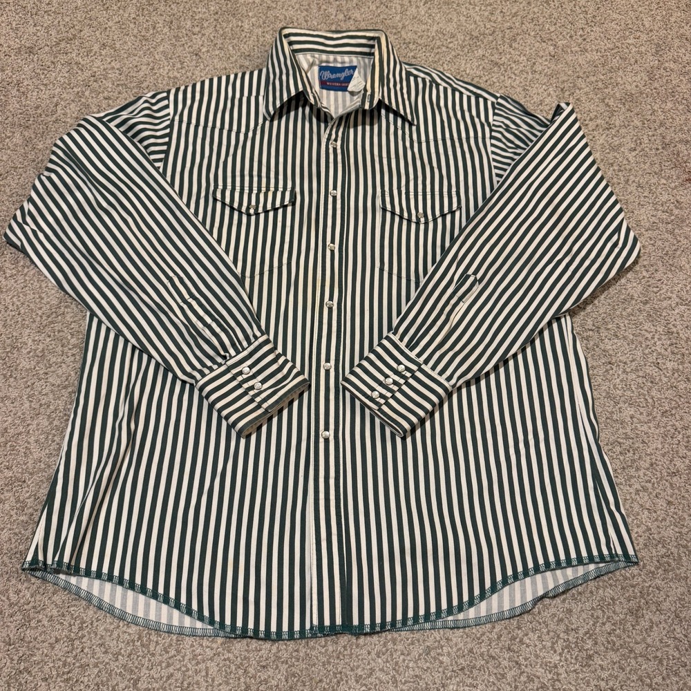 VTG Wrangler Mens XL Green White Striped Green White Pearl Snap Western Shirt